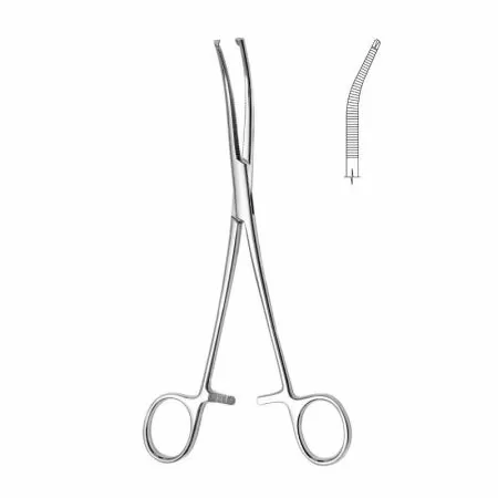 Зажим кровоостанавливающий 1х2 зубый зубчатый изогнутый Hilbro (№3 200 мм 14.0225.20)